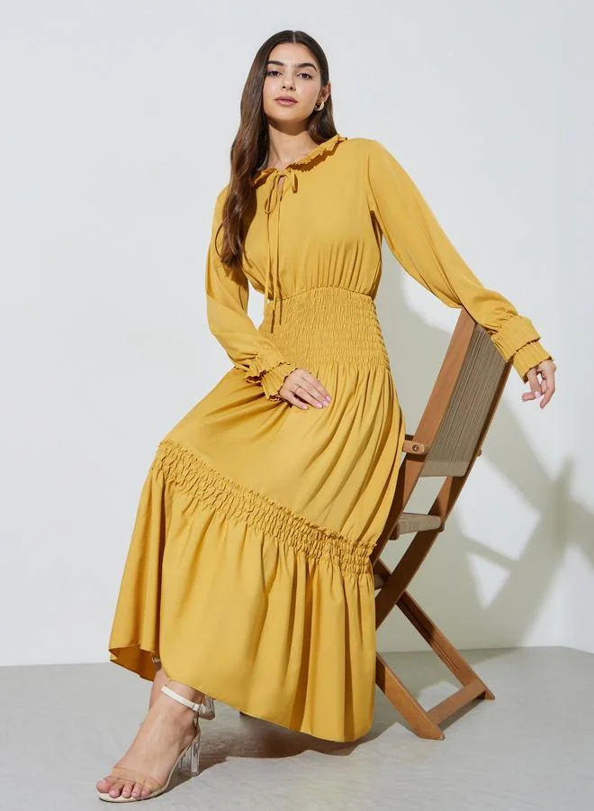 ستايلي Yellow Ruffled Sleeves Ruched Details A-Line Maxi Dress