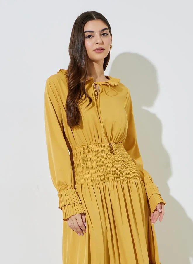 ستايلي Yellow Ruffled Sleeves Ruched Details A-Line Maxi Dress