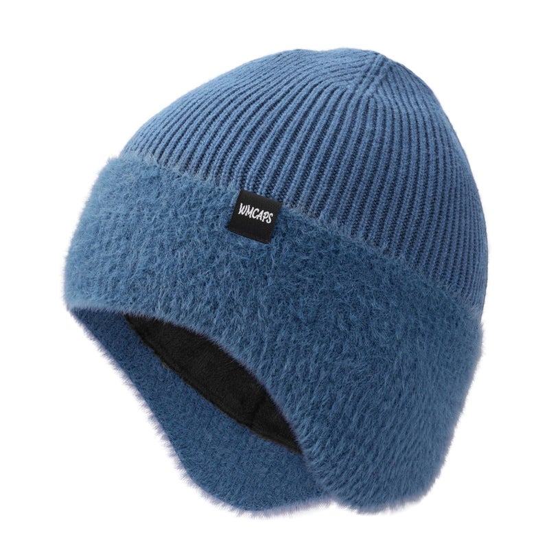 Wmcaps Winter Fleece Line Beanie Hats with Earflap for Men Women, Outdoor Warm Thermal Knitted Stocking Caps Blue - Image 1