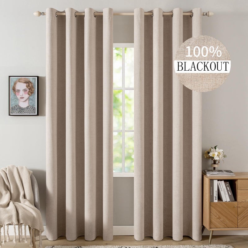 MIULEE Linen Textured Curtains Solid 100% Blackout for Bedroom Thermal Insulated Natural Beige Grommet Room Darkening Curtains & Drapes Luxury Decor for Living Room Nursery 52 x 72 Inch (2 Panels) - Image 1