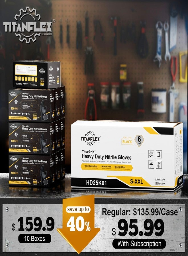 TitanFlex Heavy Duty Black Nitrile Gloves, X-Large, 6 Mil with Raised Diamond Texture, Industrial Work Gloves Disposable Latex Free, Powder Free, Mechanic Disposable Gloves (Box of 100) - Image 2