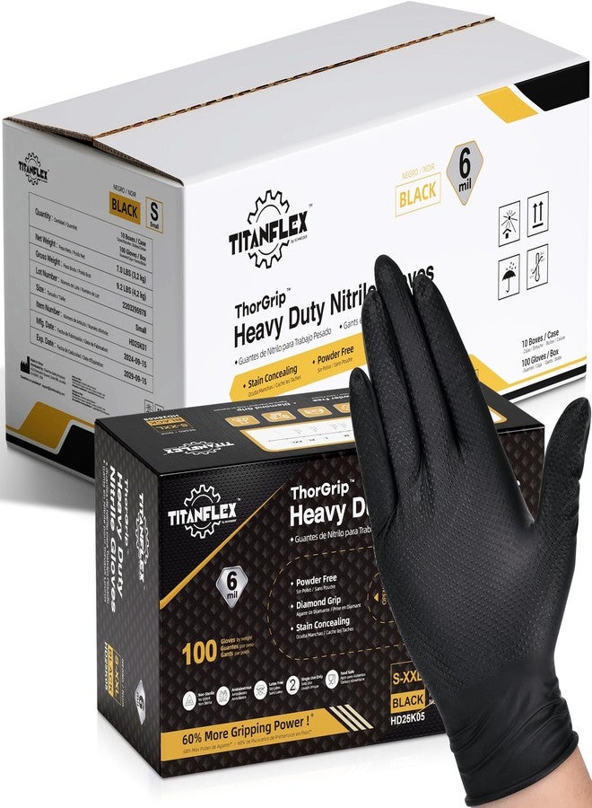 TitanFlex Heavy Duty Black Nitrile Gloves, X-Large, 6 Mil with Raised Diamond Texture, Industrial Work Gloves Disposable Latex Free, Powder Free, Mechanic Disposable Gloves (Box of 100) - Image 1