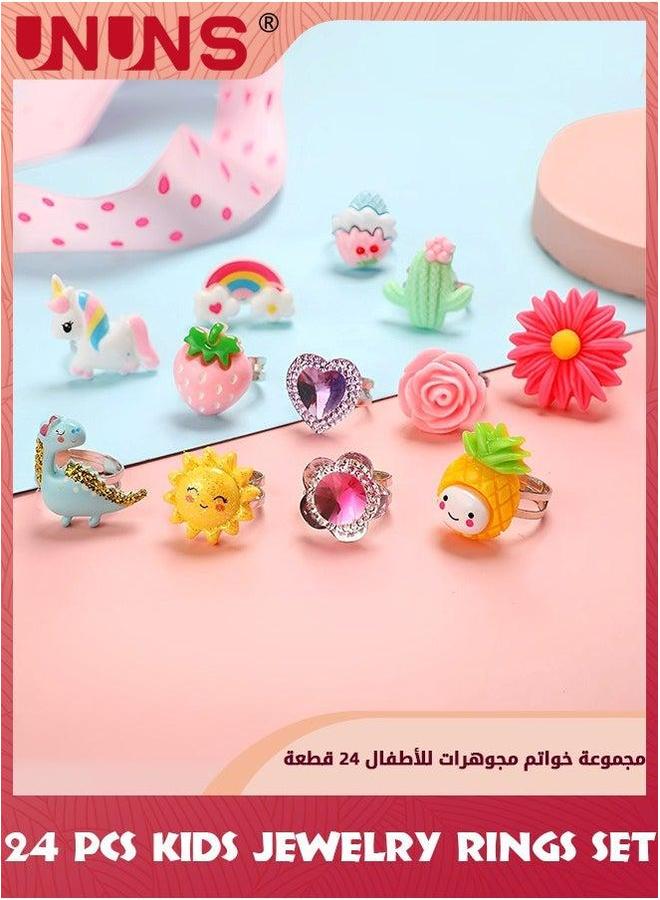 UNUNS 24 Pcs Little Girl Adjustable Rings,Jewelry Rings In Box,Kids Jewelry Set,Pretend Play Dress Up Rings,Random Shape Color,Birthday Gift,Goodie Bags Stuffers,Pinata Fillers  - Image 2