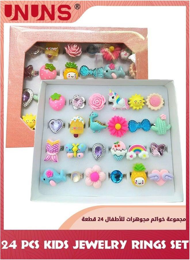 UNUNS 24 Pcs Little Girl Adjustable Rings,Jewelry Rings In Box,Kids Jewelry Set,Pretend Play Dress Up Rings,Random Shape Color,Birthday Gift,Goodie Bags Stuffers,Pinata Fillers  - Image 1