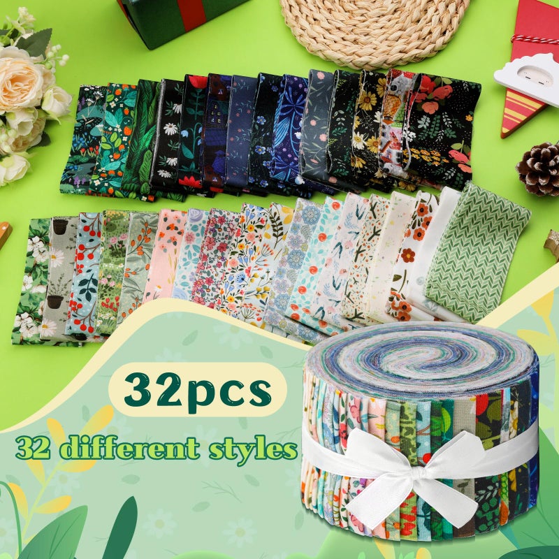 ZMAAGG Multicolor Cotton 100% Floral Fabric Strip Bundle, 32 Pcs, 39.3" x 2.44" Roll, Suitable for Quilting, Crafts, DIY Projects - Image 2