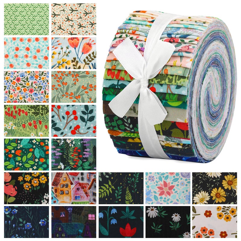 ZMAAGG Multicolor Cotton 100% Floral Fabric Strip Bundle, 32 Pcs, 39.3" x 2.44" Roll, Suitable for Quilting, Crafts, DIY Projects - Image 1