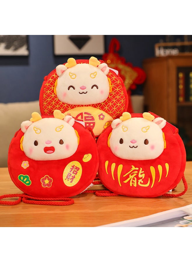 2024 Dragon Year Lucky Coin Purse Children's Crossbody Bag Creative Cartoon Plush Toy Red Envelope Gift Trendy Fashion Accessory-Specifications:White Face Mixed Word Dragon Wallet 17cm One  - Image 1