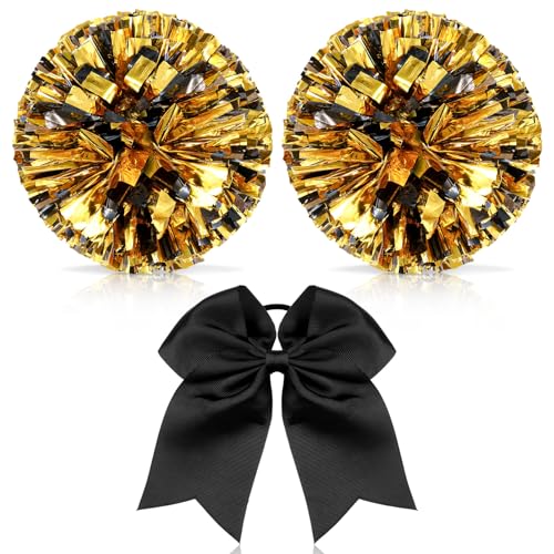 Hanaive 3 Pcs Cheerleading Pom Poms and Large Cheerleader Hair Bow Metallic Cheer Supplies for Team Spirit Sports Dance Cheering(Blue Silver Pom,Classic Style) - Image 1