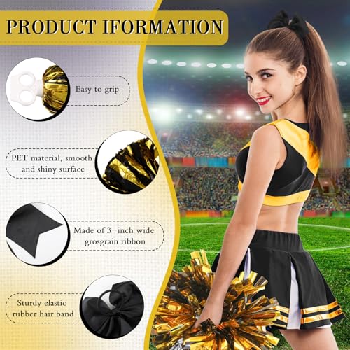 Hanaive 3 Pcs Cheerleading Pom Poms and Large Cheerleader Hair Bow Metallic Cheer Supplies for Team Spirit Sports Dance Cheering(Blue Silver Pom,Classic Style) - Image 3
