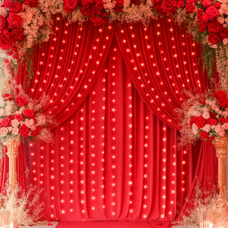 PARTISKY Red Backdrop Curtains with Lights for Parties,10x10FT Wrinkle Free Red Photo Backdrop Curtains for Wedding Baby Shower Birthday Ceremony Reception New Year Decorations-5ft x 10ft,2 Panels - Image 1