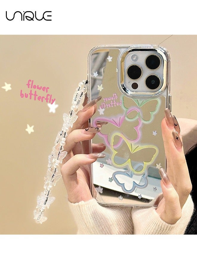 Unique Compatible with iPhone 15 Pro Max Cases, Colorful Butterfly Pattern Cases, Graffiti Cases, Mirror Cases, TPU Drop Protection - With Lanyard - Image 1