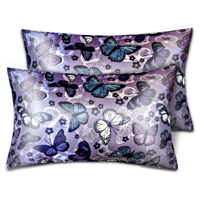SATIN PILLOWCASE FOR HAIR AND SKIN SOFT SATIN PILLOW CASES QUEEN SIZE PACK OF 2 COOLING SILK SATIN PILLOWCASE SET WITH ENVELOPE CLOSURE 20X30 PURPLE BUTTERFLIES FLOWER