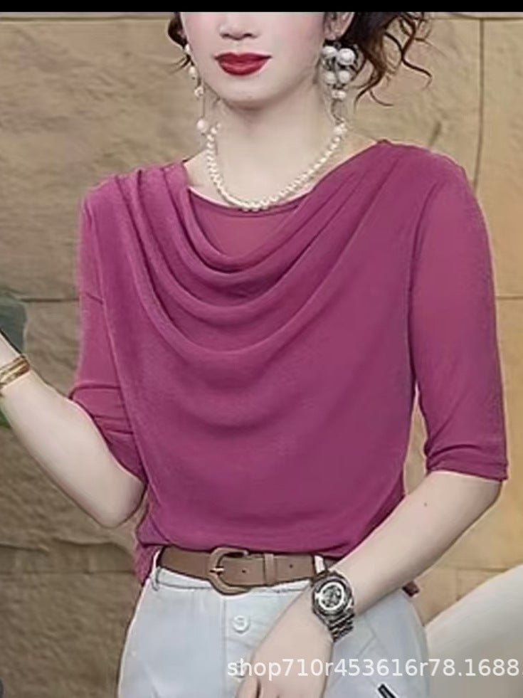 Trending 2025 Summer New Fashion Stretch Mesh Slouchy Collar Stylish Versatile Age-Reducing Short-Sleeve T-Shirt Trendy - Image 5