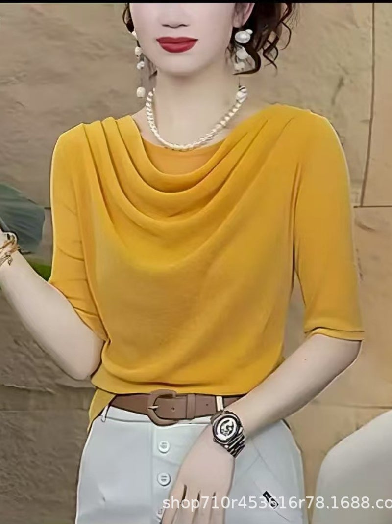 Trending 2025 Summer New Fashion Stretch Mesh Slouchy Collar Stylish Versatile Age-Reducing Short-Sleeve T-Shirt Trendy - Image 2