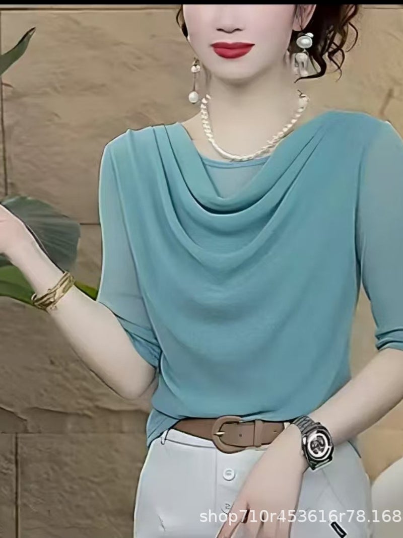 Trending 2025 Summer New Fashion Stretch Mesh Slouchy Collar Stylish Versatile Age-Reducing Short-Sleeve T-Shirt Trendy - Image 4