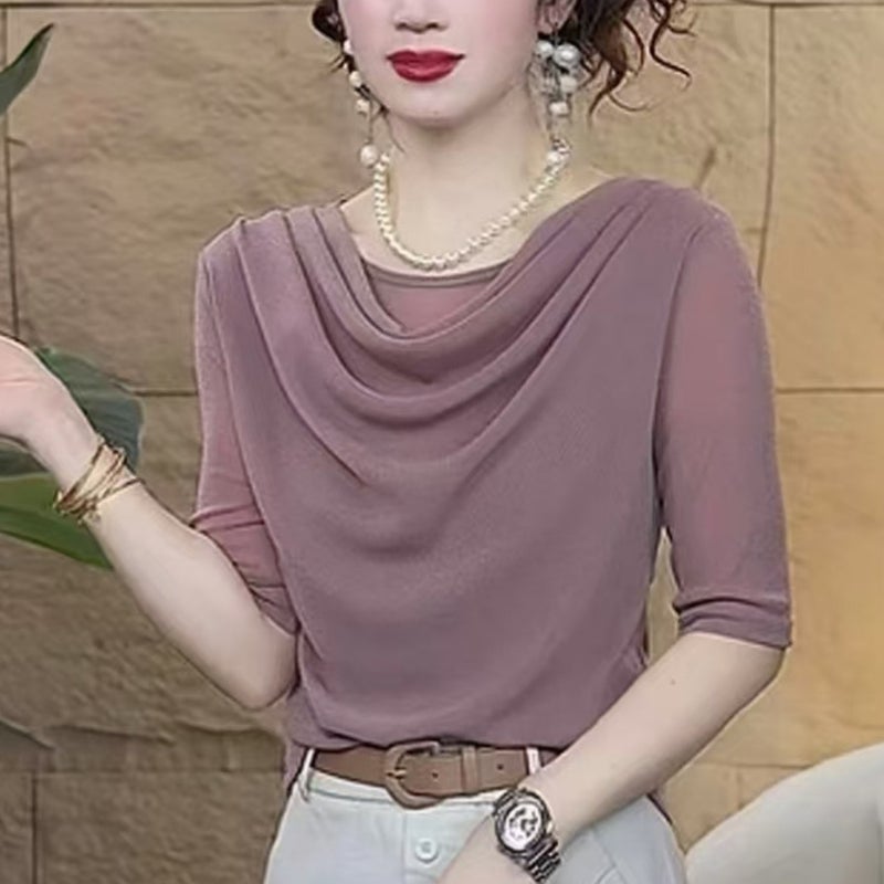 Trending 2025 Summer New Fashion Stretch Mesh Slouchy Collar Stylish Versatile Age-Reducing Short-Sleeve T-Shirt Trendy - Image 1