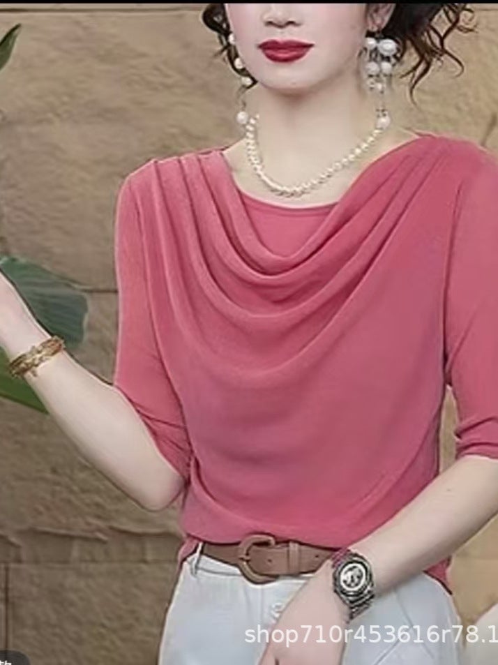 Trending 2025 Summer New Fashion Stretch Mesh Slouchy Collar Stylish Versatile Age-Reducing Short-Sleeve T-Shirt Trendy - Image 3