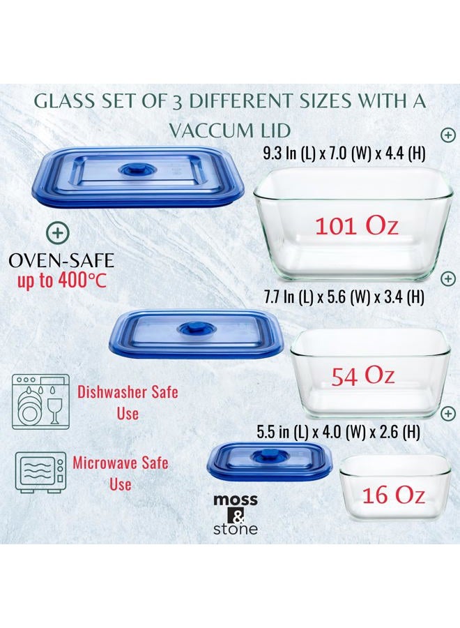Moss & Stone Extra Large Glass Storage Containers With Lids Set of 3, 101 Oz/ 54 Oz/ 16 Oz, Deep Rectangular Glass Food Container with Lid, Leak Proof, Microwave, Dishwasher & Oven Safe - Image 2