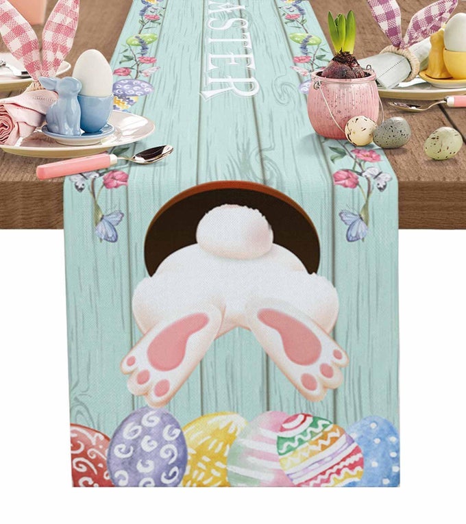 HAPPY EASTER BUNNY TAIL EGG TABLE RUNNERS 13X70INCH FARMHOUSE RUSTIC WOOD COTTON LINENS TABLE CLOTH DRESSER SCARVES FOR PARTIES WEDDING COFFEEDINNING TABLE RUNNER HOME DECORATIONS