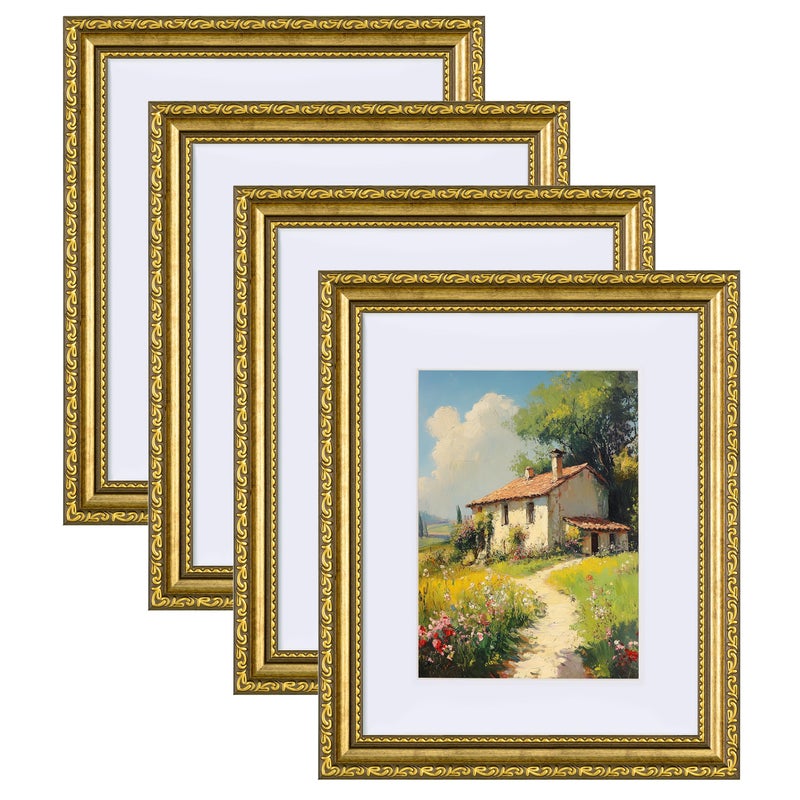 eletecpro 8x10 Picture Frames Set of 4, Gold Frames 8 x 10 with Glass Cover, Vintage Photo Frame Displays 5x7 Photo with Mat or 8x10 without Mat for Tabletop or Wall Decor, Gold - Image 1