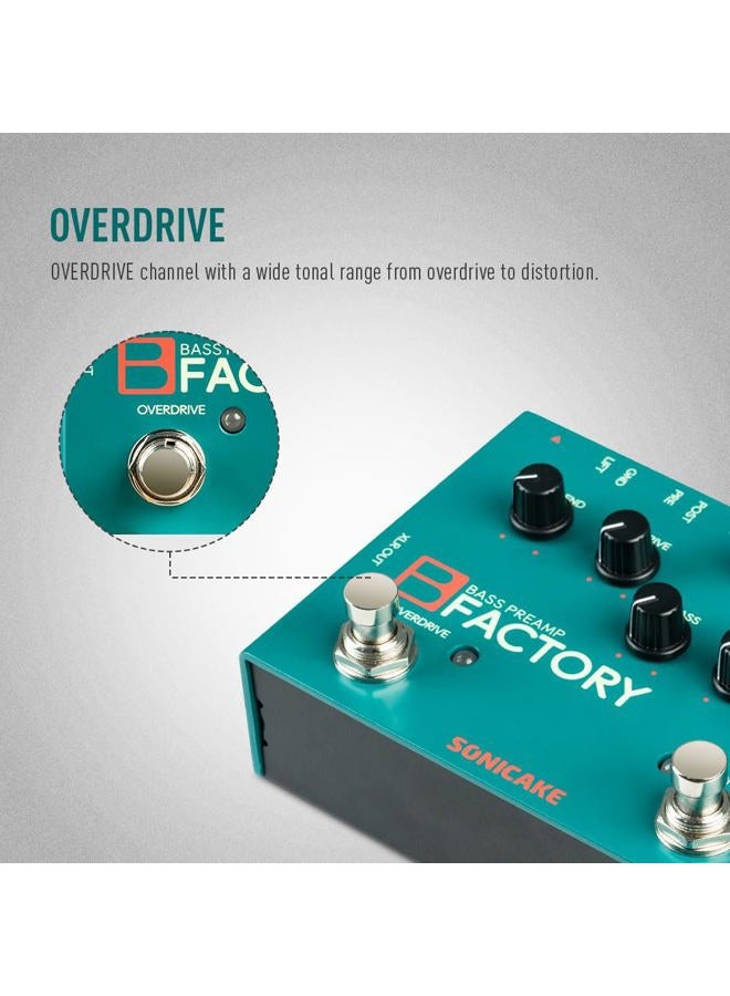 SONICAKE Bass Pedal with Overdrive Analog Preamp Compression Effects Pedal and 3-Band EQ Via Pre/Post Selection with XLR Output - B Factory - Image 4
