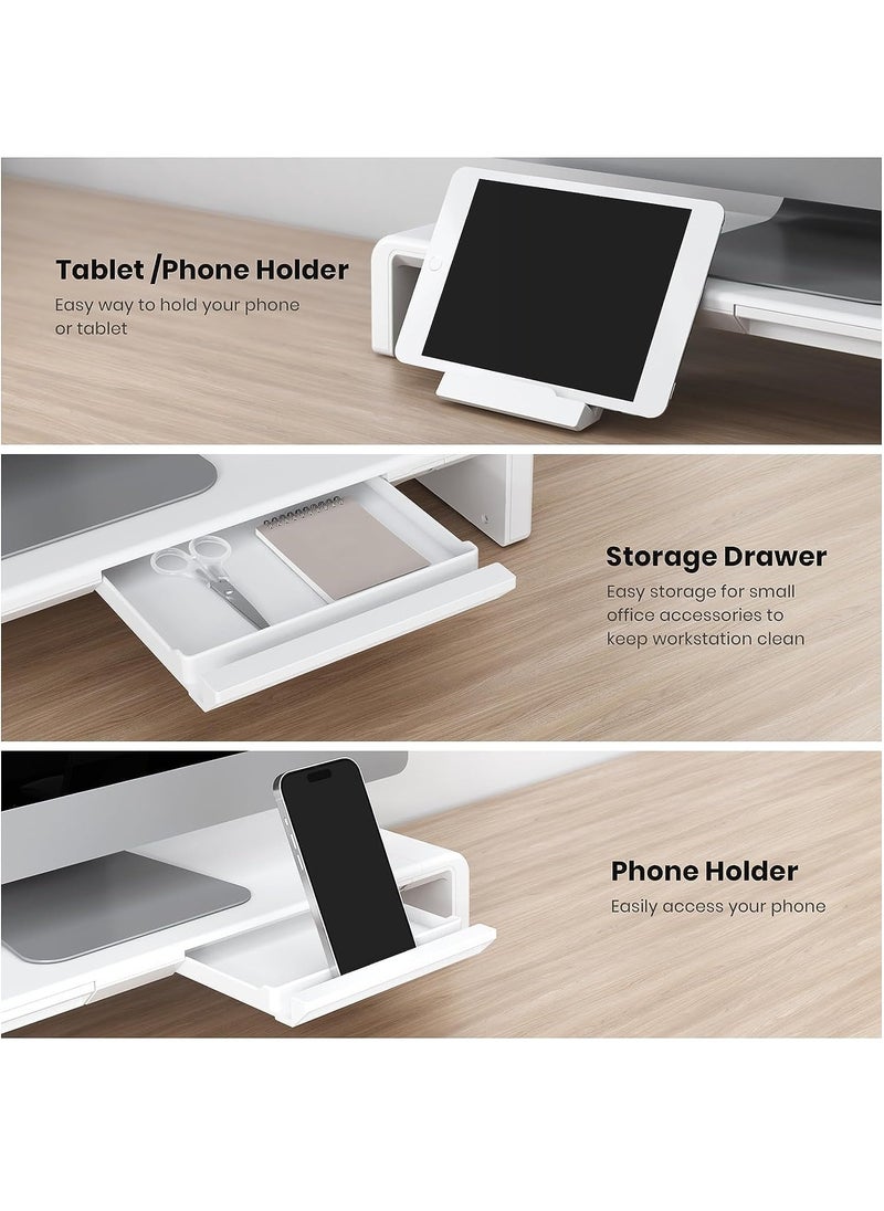 Monitor Stand Foldable Computer Monitor Stand with Storage Drawer and Tablet Phone Stand,Height Adjustable Computer Stand for Computer,Desktop,Laptop（White）