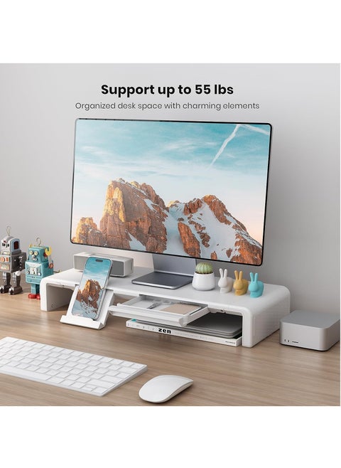 Monitor Stand Foldable Computer Monitor Stand with Storage Drawer and Tablet Phone Stand,Height Adjustable Computer Stand for Computer,Desktop,Laptop（White）