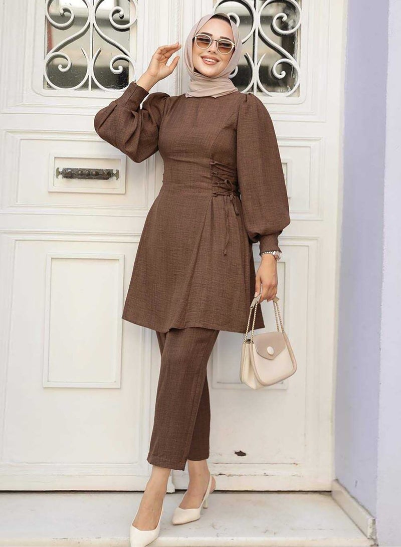 Elegant Middle Eastern Style Muslim Women's Casual Set - Trendy Lantern Sleeve Design with Stylish Side Tie Details, Perfect for Everyday Chic and Comfort  - Image 1