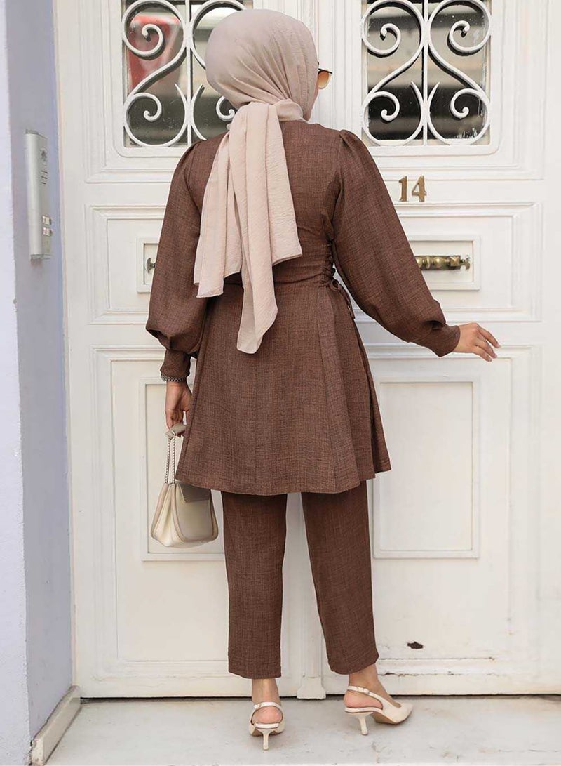 Elegant Middle Eastern Style Muslim Women's Casual Set - Trendy Lantern Sleeve Design with Stylish Side Tie Details, Perfect for Everyday Chic and Comfort  - Image 2