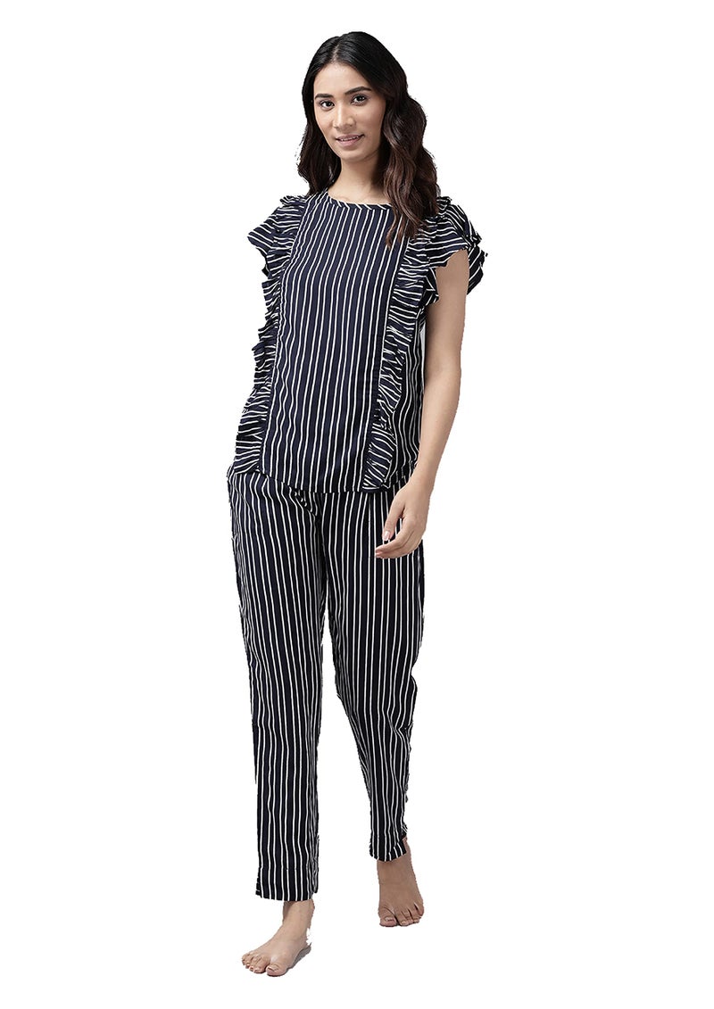 Yash Gallery Women's Rayon Striped Print Flare Short Sleeve Round Neck Night Suit Pajama Set (Blue, 5XL) - Image 1
