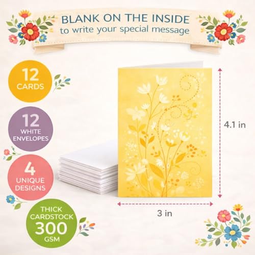 Brandian Gift of Glee Floral Notecards – Set of 12 Blank Greeting & Thank You Cards with White Envelopes | All Occasion Use - Image 3