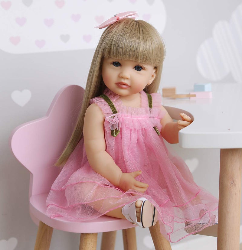 ROSHUAN Reborn Baby Dolls Girl 22 inch Lifelike Realistic Toddler Reborn Doll Silicone Vinyl Full Body Waterproof with Blond Long Hair Pink Dress for Birthday Gifts - Image 2