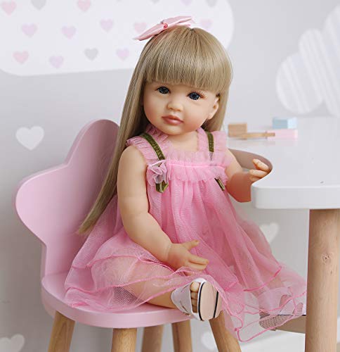 ROSHUAN Reborn Baby Dolls Girl 22 inch Lifelike Realistic Toddler Reborn Doll Silicone Vinyl Full Body Waterproof with Blond Long Hair Pink Dress for Birthday Gifts - Image 1