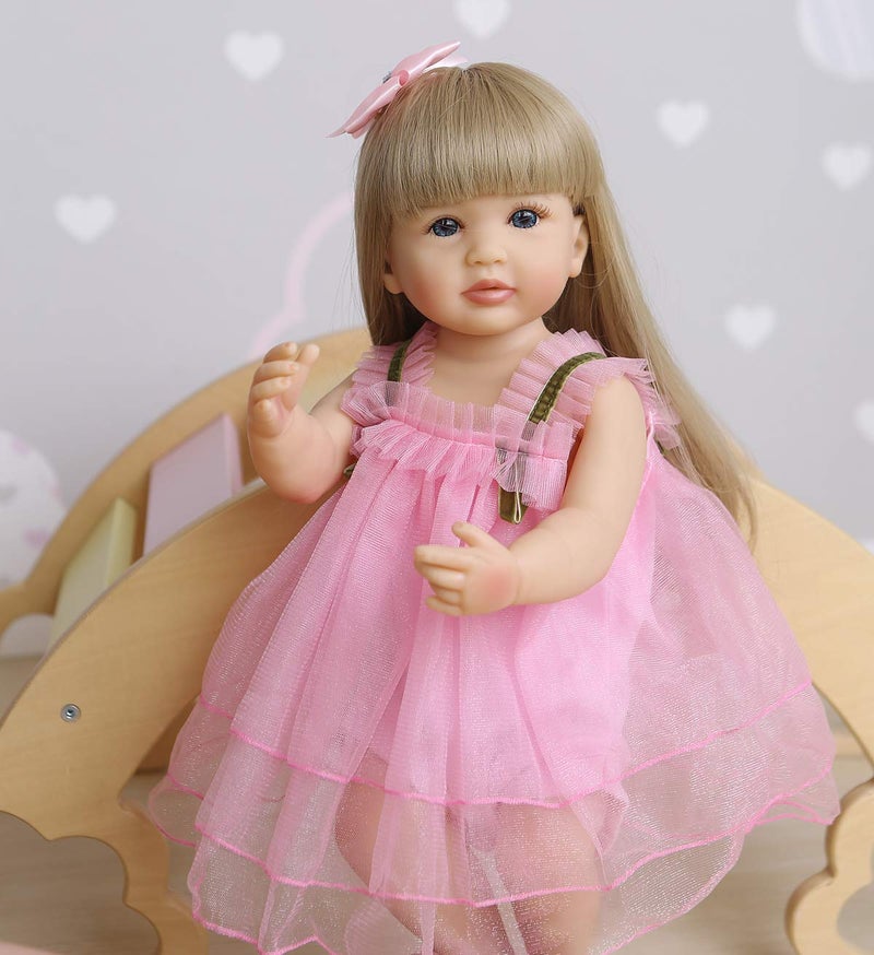 ROSHUAN Reborn Baby Dolls Girl 22 inch Lifelike Realistic Toddler Reborn Doll Silicone Vinyl Full Body Waterproof with Blond Long Hair Pink Dress for Birthday Gifts - Image 3