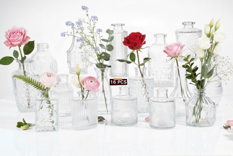 ColoVie 16 Pack Glass Bud Vases for Centerpieces - Bulk Small Flower Vases Set of 16, Mini Vintage Vases, 4 Styles for Party, Wedding Decorations, Baby Shower, Home Table Flower DÃ©cor (Clear) - Image 1