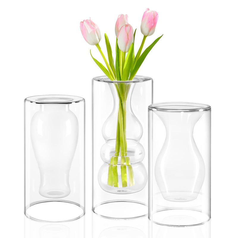 ZENS Unique Clear Small Flower Vase Set of 3  Modern Floating Decorative Vases  Double Hollow Cool Glass Vases  Hand Blown Bud Vases for Home Small Bouquet  Wedding Centerpieces - Image 1
