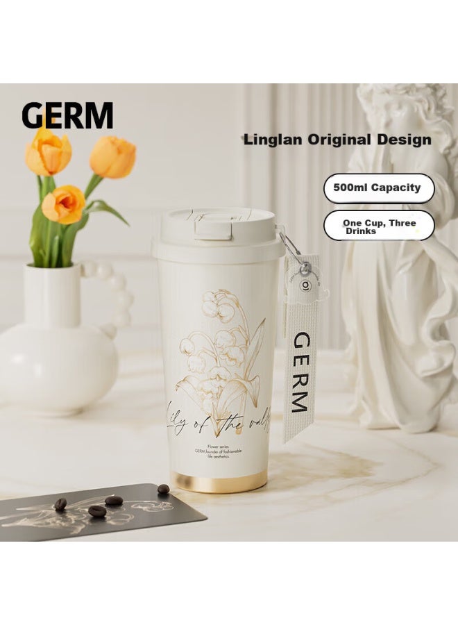 Germ Lily Of The Valley Double-insulated Water Bottle With Straw, Direct Drinking Portable Student Cup Gift Cup, 500ml Tea White - Image 1