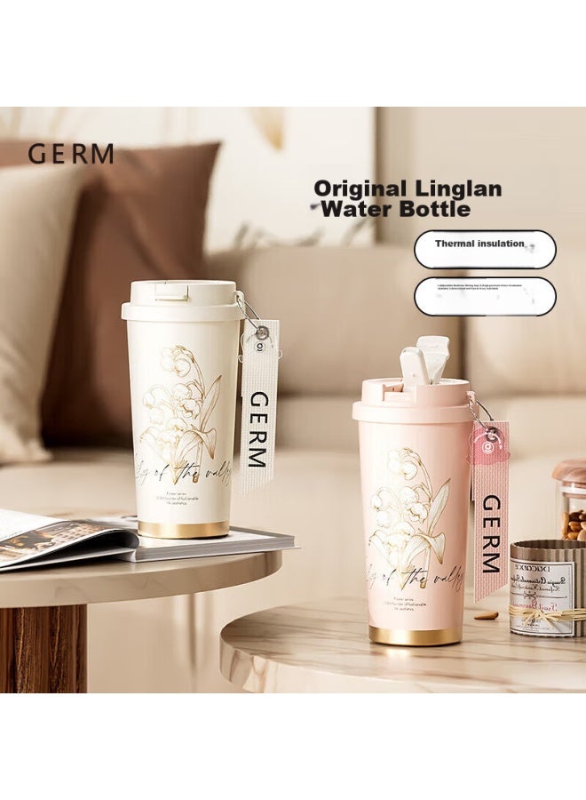 Germ Lily Of The Valley Double-insulated Water Bottle With Straw, Direct Drinking Portable Student Cup Gift Cup, 500ml Tea White - Image 4