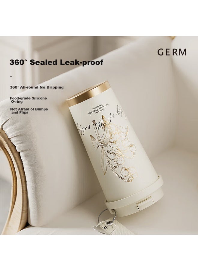 Germ Lily Of The Valley Double-insulated Water Bottle With Straw, Direct Drinking Portable Student Cup Gift Cup, 500ml Tea White - Image 3