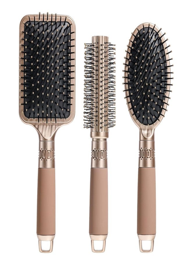 RNAZLIS Hair Brush Comb Styling Kit Women Men Kids Detangling Tools Wet and Dry Use Works on Curly and Straight Types Blow Drying Daily (Set of 3, Gold) - Image 1
