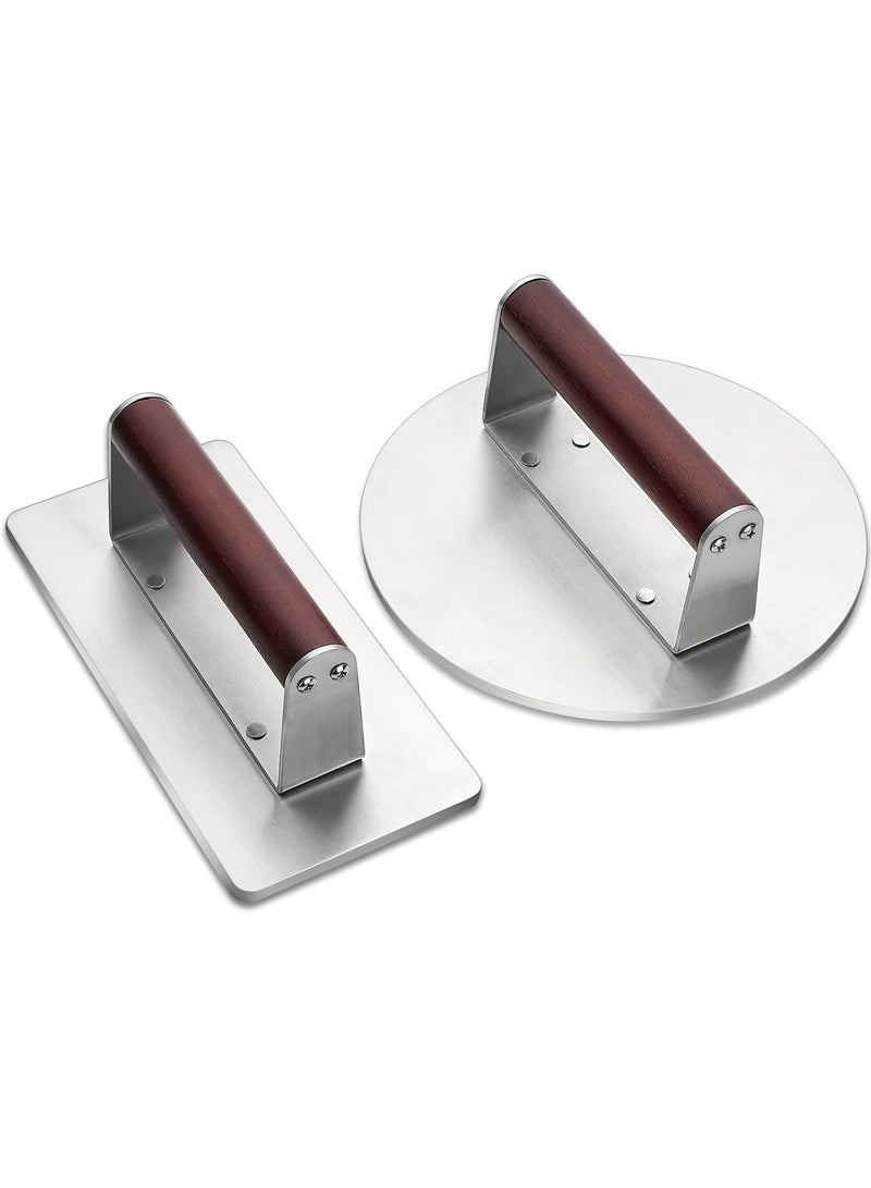 Stainless Steel Burger Press, 8.5" Round & 9 * 4.2" Rectangle Heavy-Duty Smash Bacon Press Meat Steak with Wood Handle for Griddle, Sandwich, Nonstick Pan - Image 1
