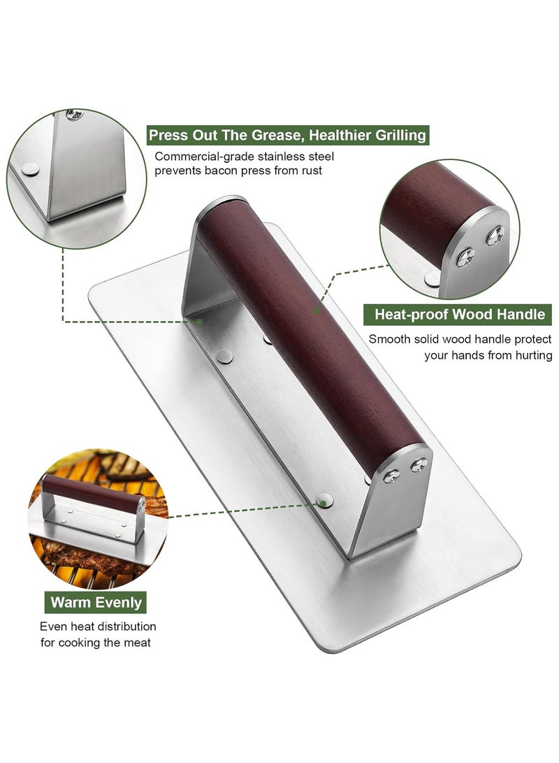 Stainless Steel Burger Press, 8.5" Round & 9 * 4.2" Rectangle Heavy-Duty Smash Bacon Press Meat Steak with Wood Handle for Griddle, Sandwich, Nonstick Pan - Image 3