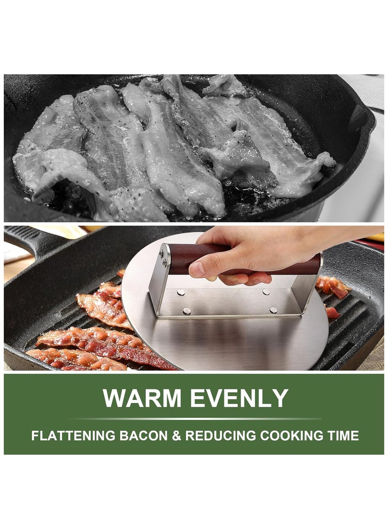 Stainless Steel Burger Press, 8.5" Round & 9 * 4.2" Rectangle Heavy-Duty Smash Bacon Press Meat Steak with Wood Handle for Griddle, Sandwich, Nonstick Pan - Image 4