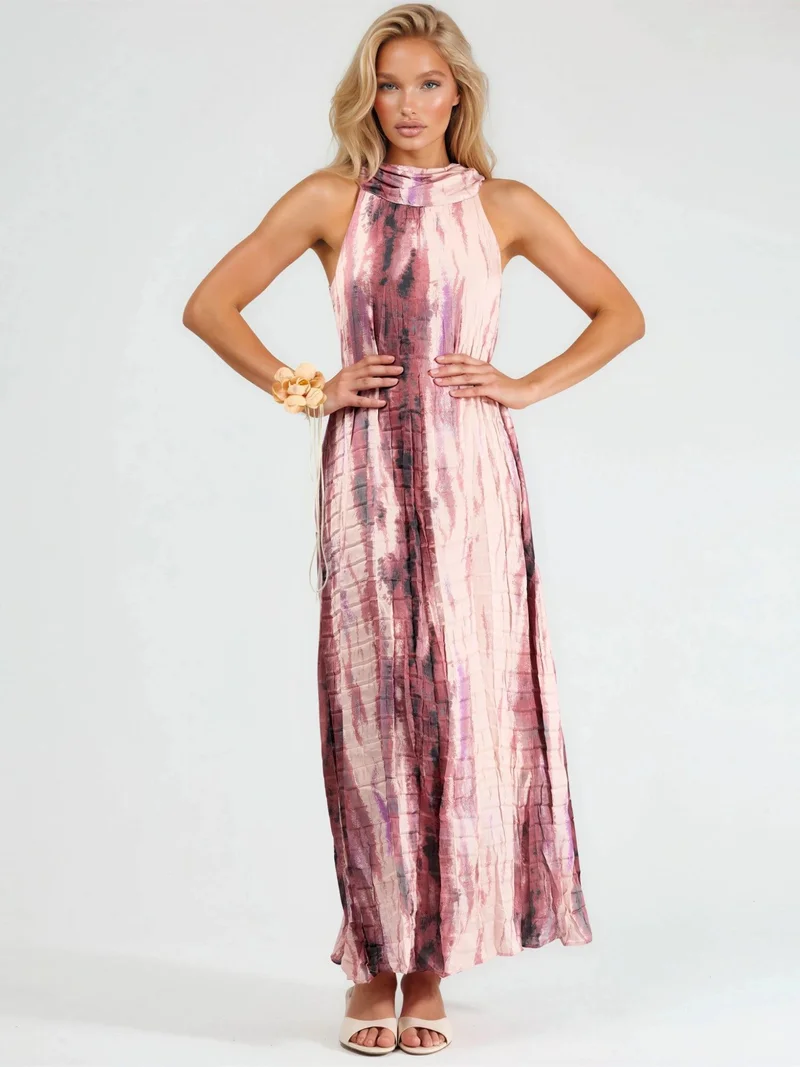 Qustyle QU STYLE Textured Abstract Pattern Maxi Dress with Halter Collar