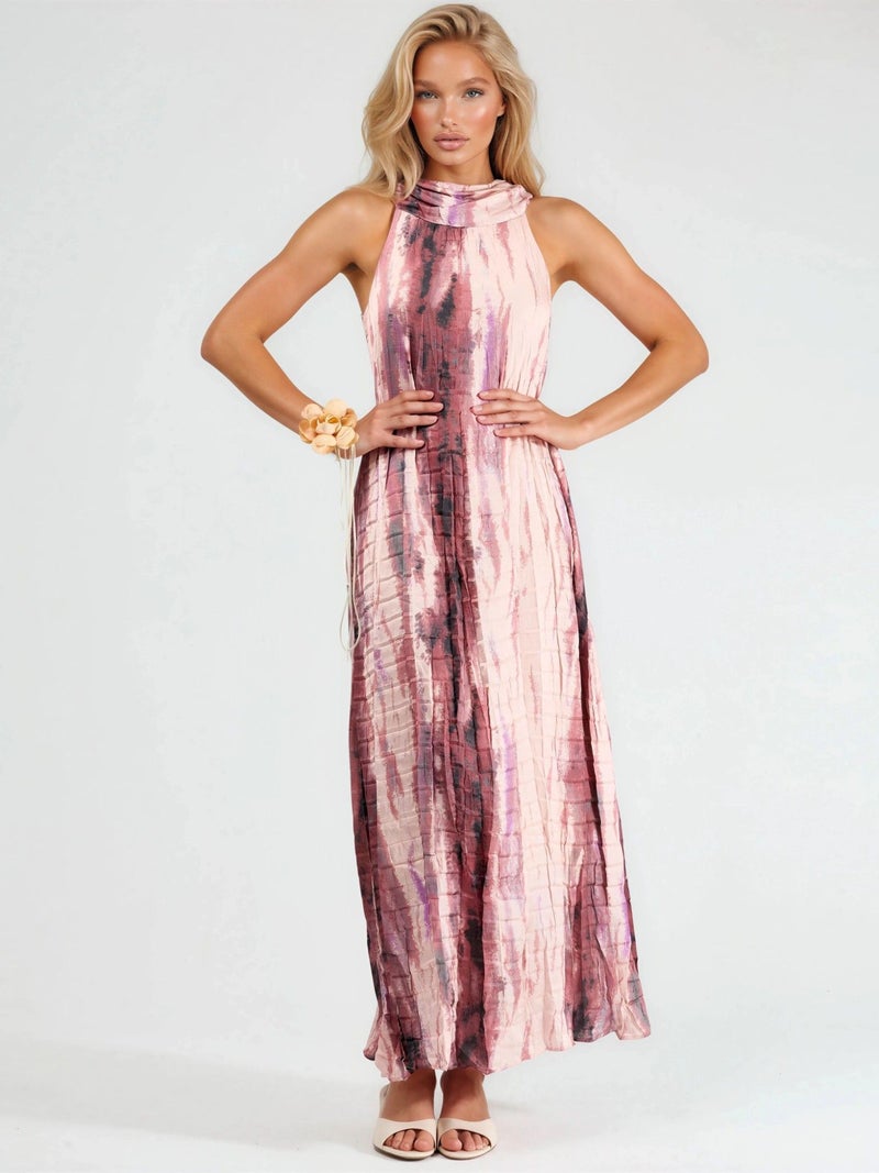 Qustyle QU STYLE Textured Abstract Pattern Maxi Dress with Halter Collar - Image 2