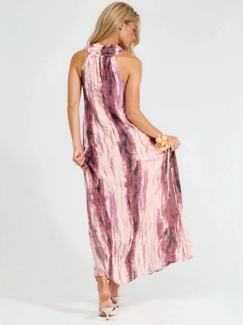 Qustyle QU STYLE Textured Abstract Pattern Maxi Dress with Halter Collar - Image 4