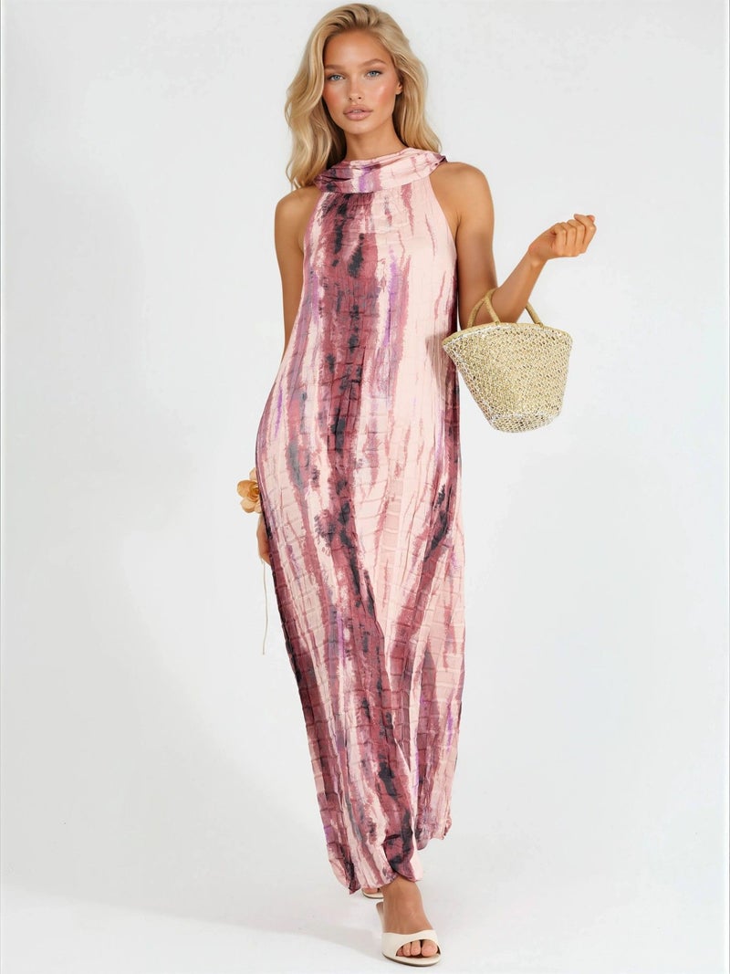 Qustyle QU STYLE Textured Abstract Pattern Maxi Dress with Halter Collar - Image 5
