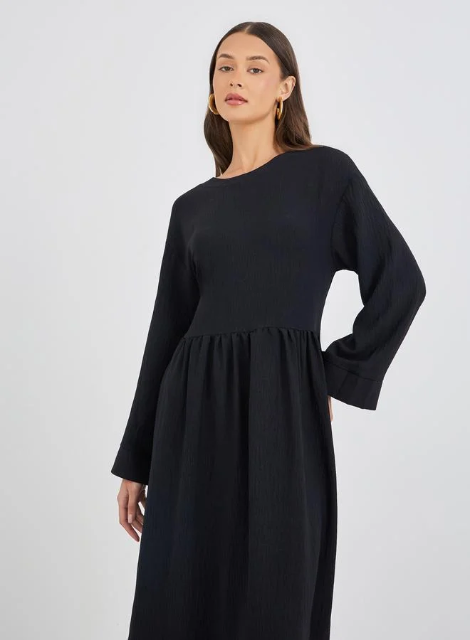 Styli Styli Crinkled Long Sleeve A-Line Midi Dress with Pockets