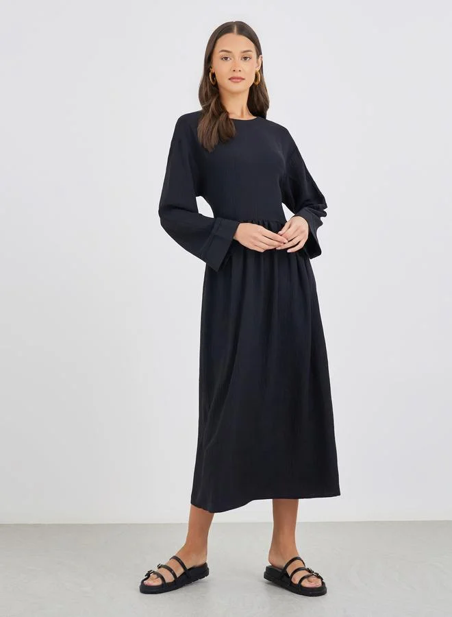 ستايلي Styli Crinkled Long Sleeve A-Line Midi Dress with Pockets