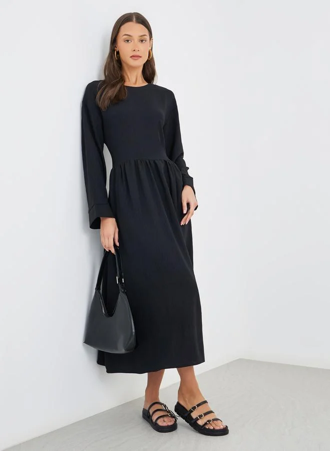 ستايلي Styli Crinkled Long Sleeve A-Line Midi Dress with Pockets